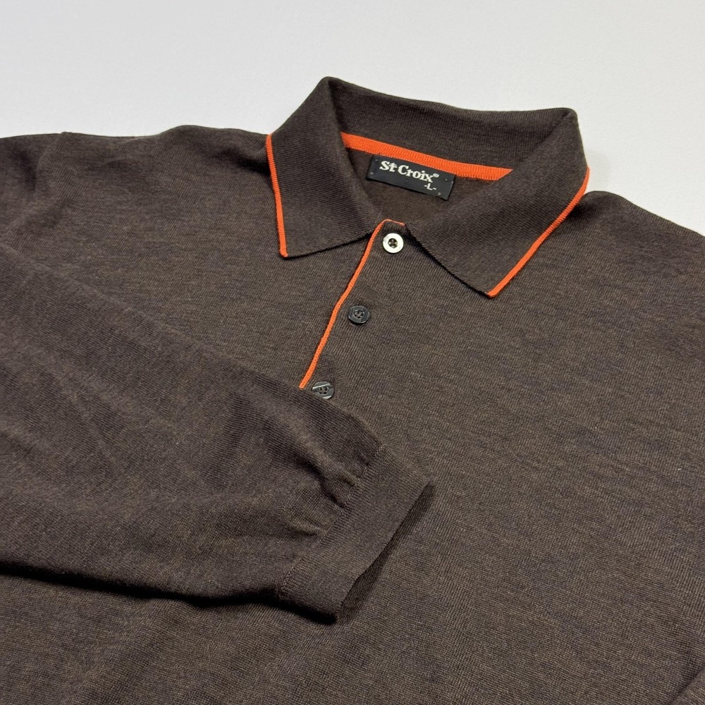 St. Croix Sweater Mens Large Brown Wool Blend Long‎ Sleeve Polo Shirt Made USA